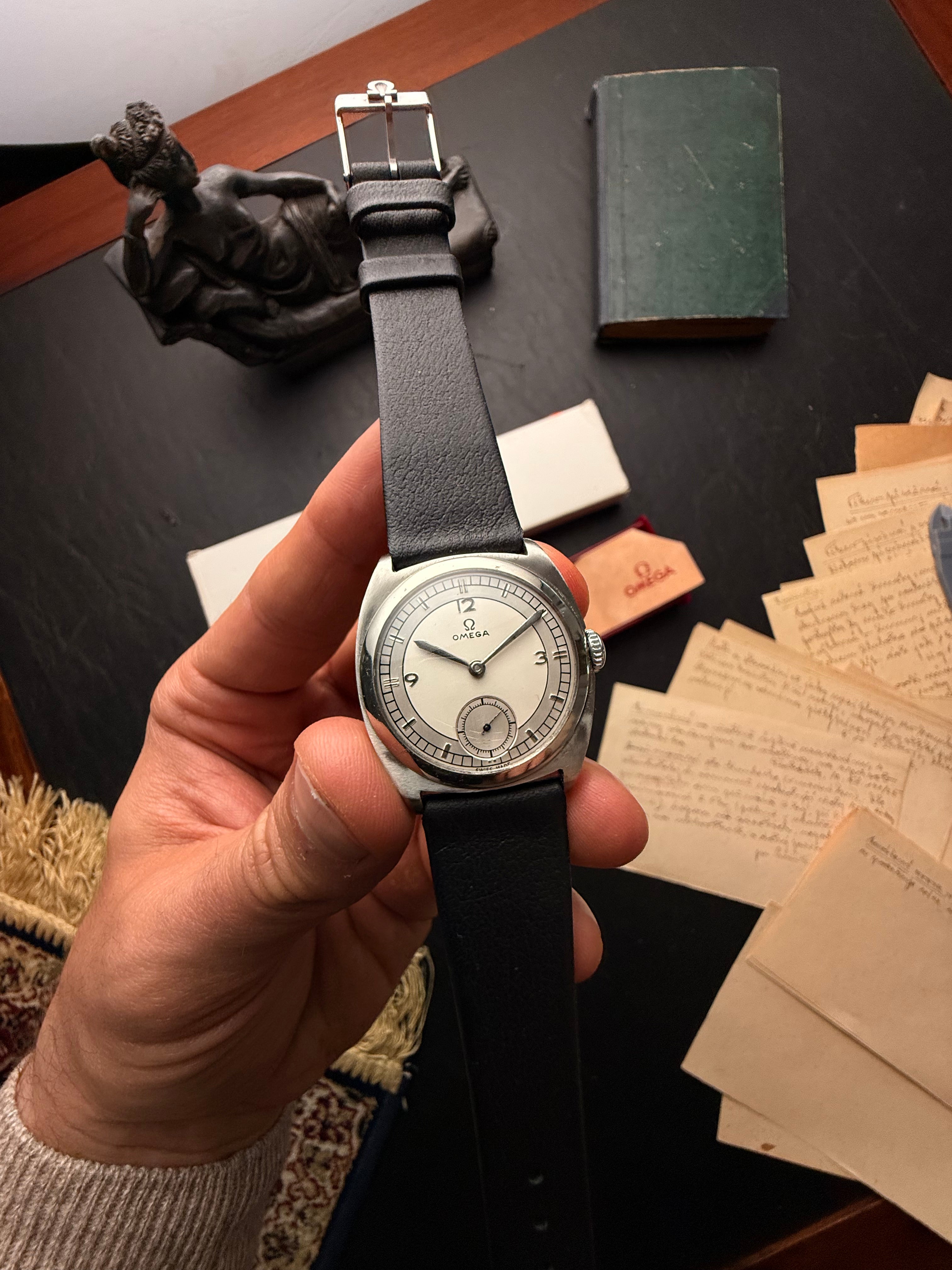 Omega Cushion — Steel Sector Dial