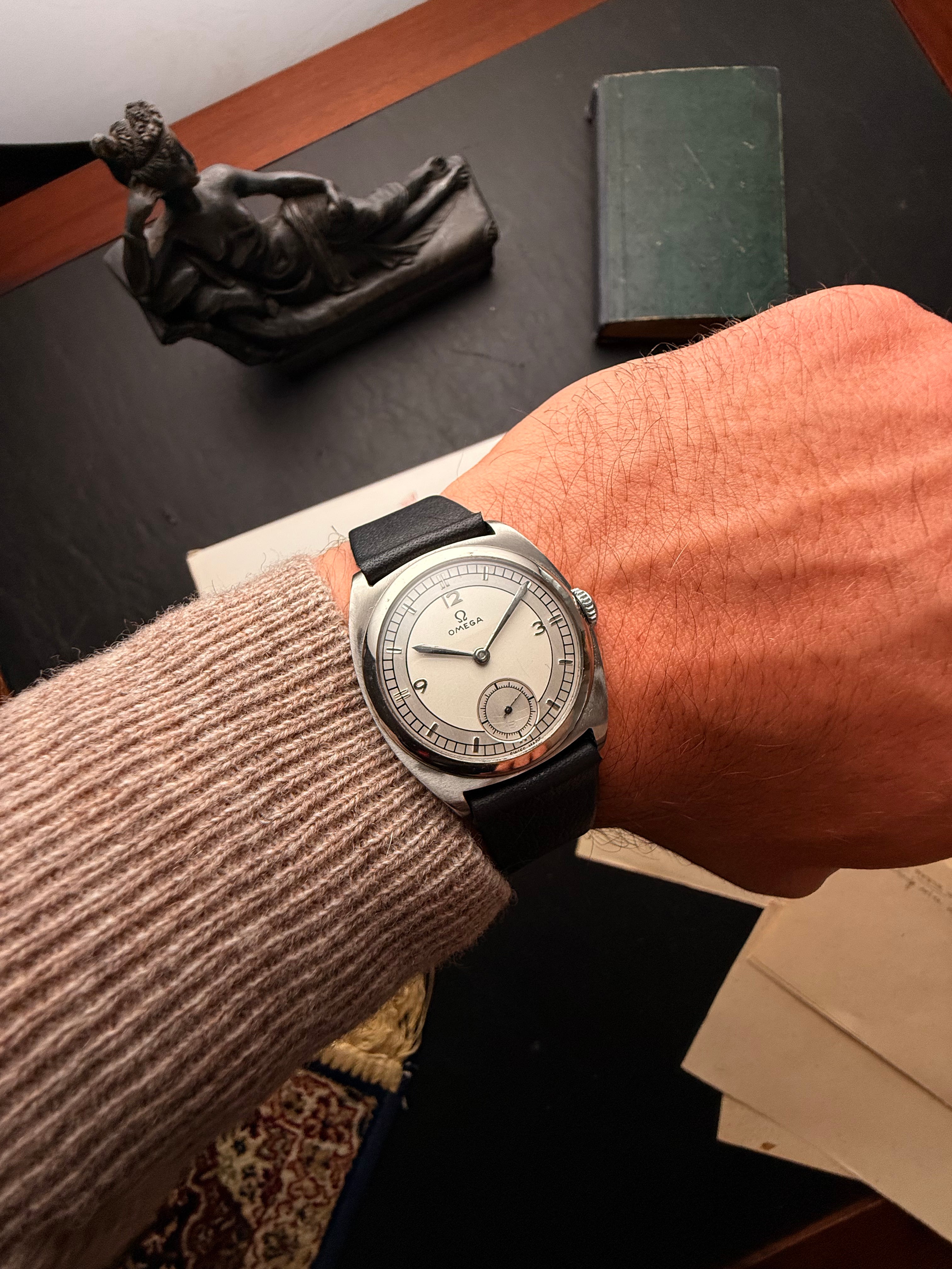 Omega Cushion — Steel Sector Dial